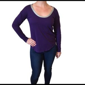 Michael Kors women’s purple long sleeve top shiny silver neckline Size medium
